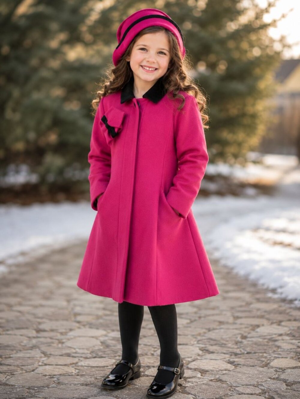 Rothschild Vintage Girls Wool Coat & Bonnet Pink Black Velvet Size M Cottagecore